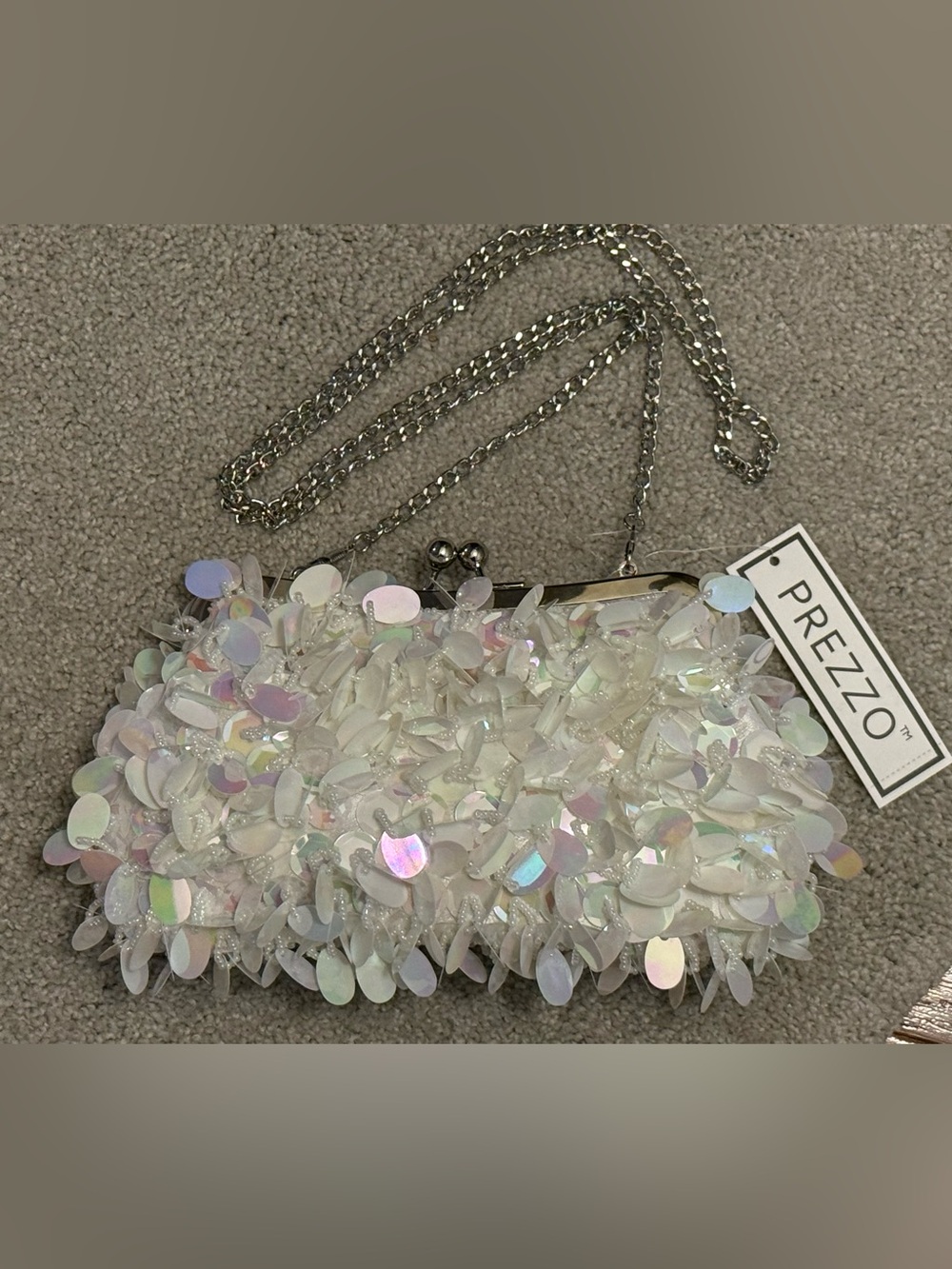 Prezzo Iridescent White Sequins & Beads Kiss-lock Clutch Crossbody Silver Chain